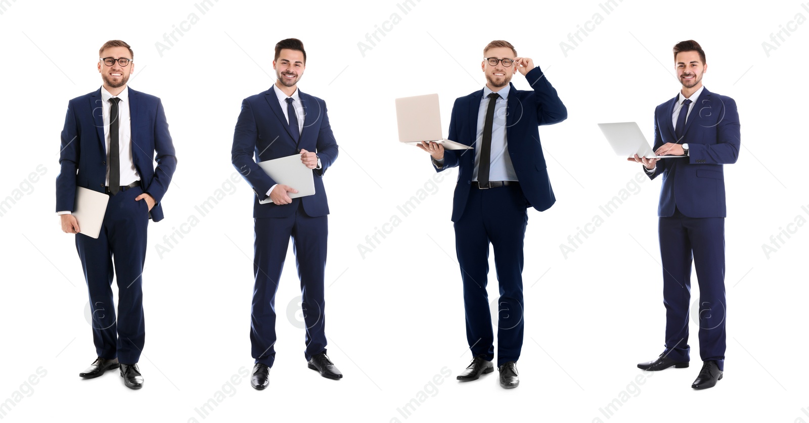 Image of Collage of young men with laptops on white background. Banner design 