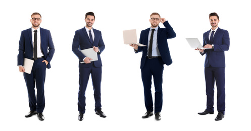 Collage of young men with laptops on white background. Banner design 