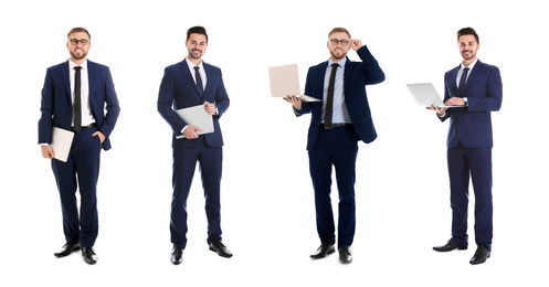 Image of Collage of young men with laptops on white background. Banner design 