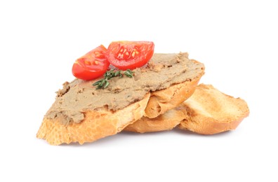 Photo of Slices of bread with tasty liver pate and tomato on white background