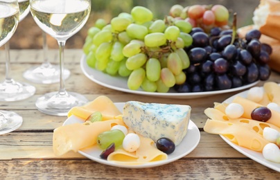 Wine, cheese and grapes on wooden table. Vineyard picnic