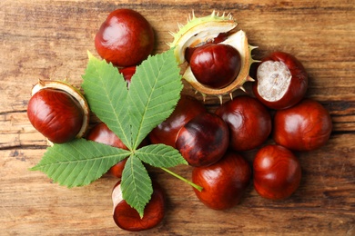 Photo of Many horse chestnuts and leaf on wooden table, flat lay