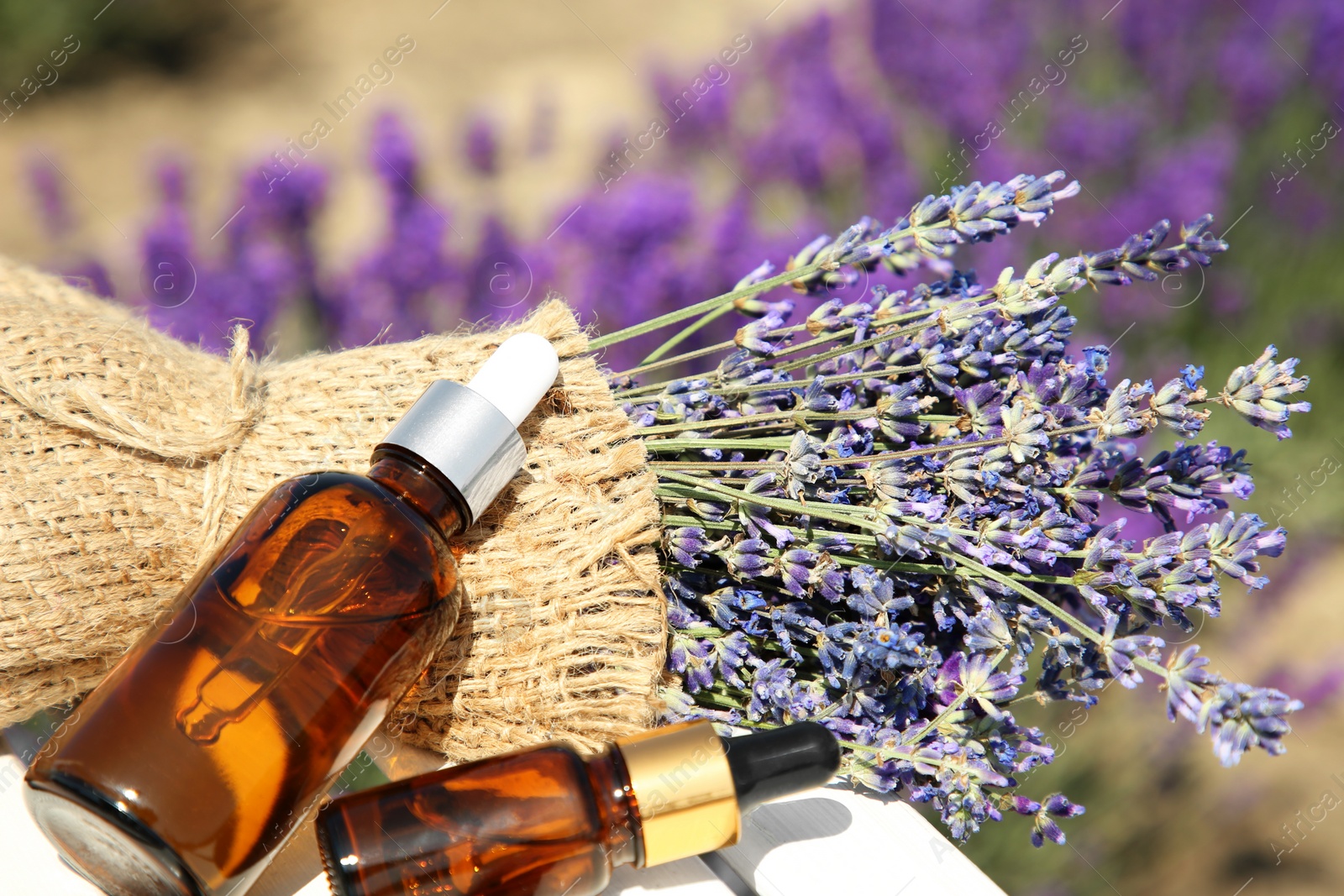 Photo of Bottles of essential oil and lavender flowers on white wooden table in field, closeup