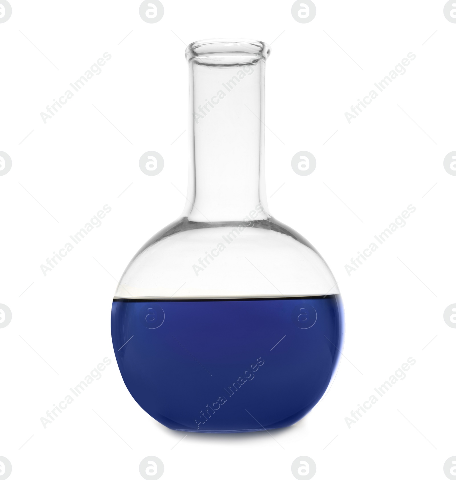 Photo of Flask with color sample isolated on white. Chemistry glassware