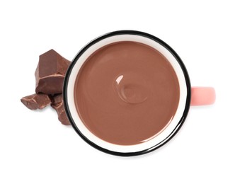 Photo of Yummy hot chocolate in mug on white background, top view