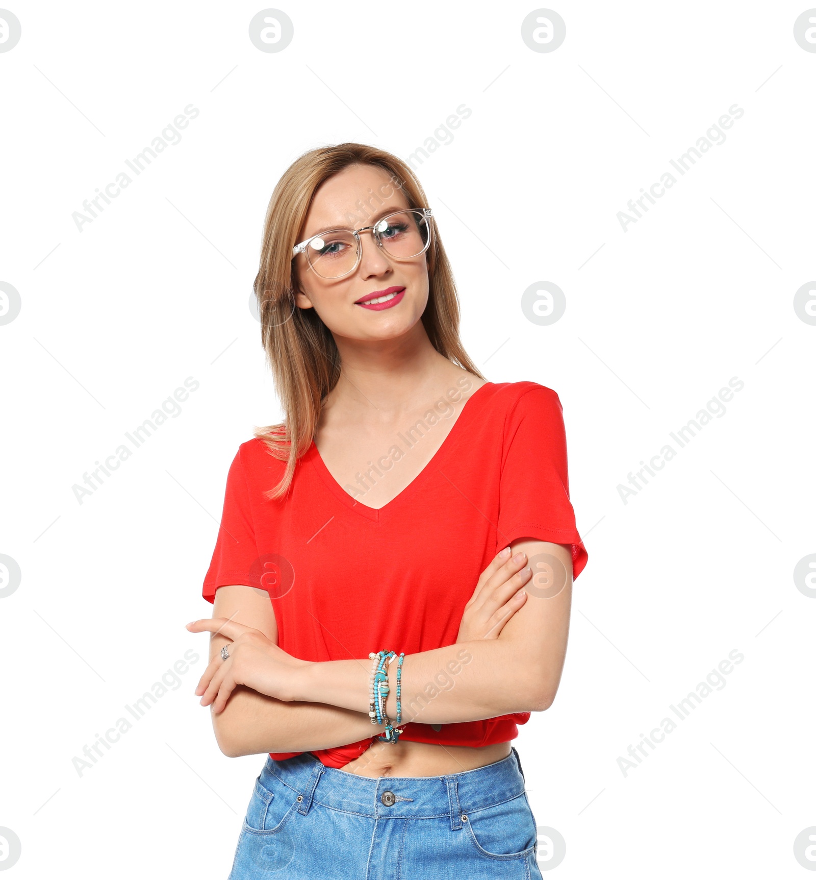 Photo of Attractive young woman in stylish outfit on white background