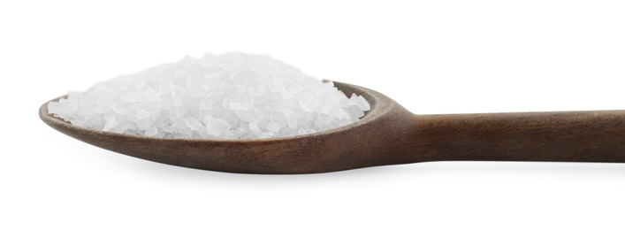 Photo of Natural salt in wooden spoon isolated on white