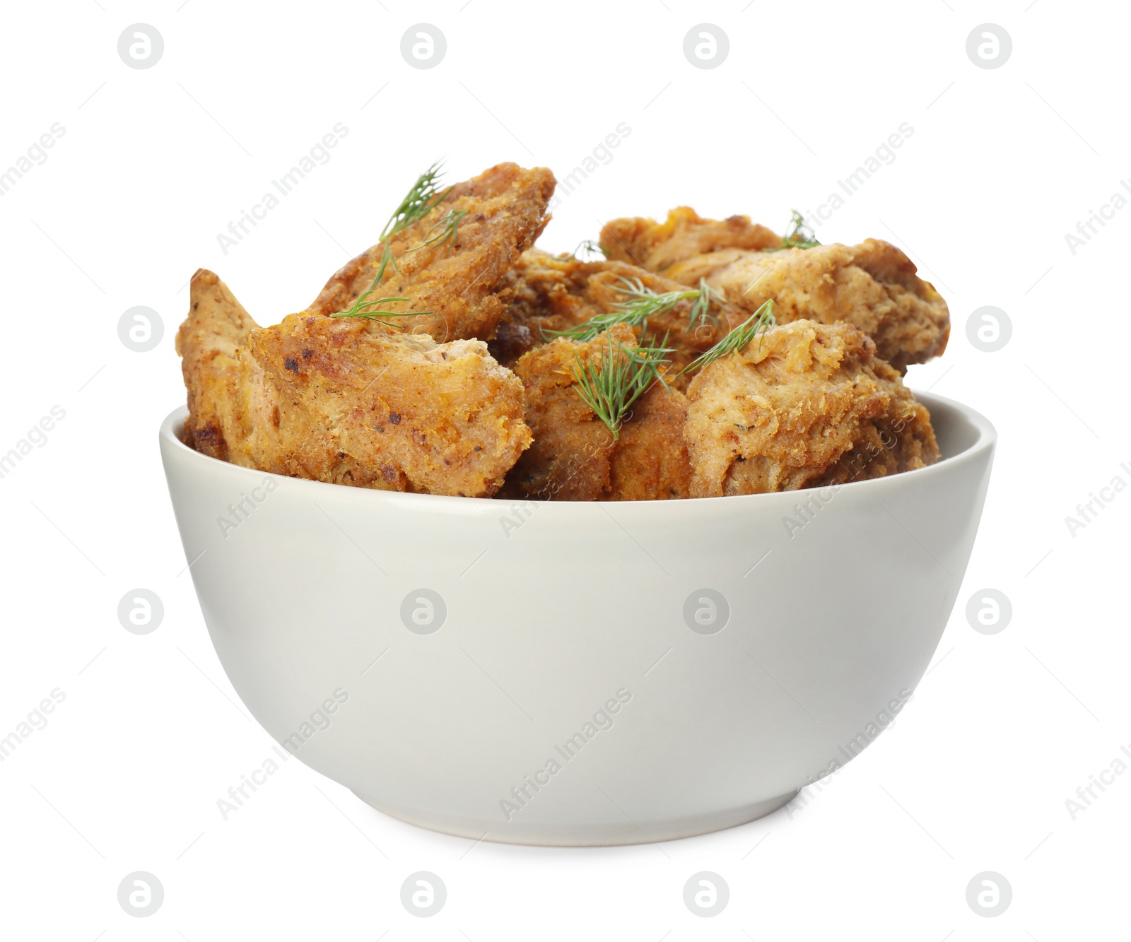Photo of Delicious cooked soy meat with dill in bowl on white background