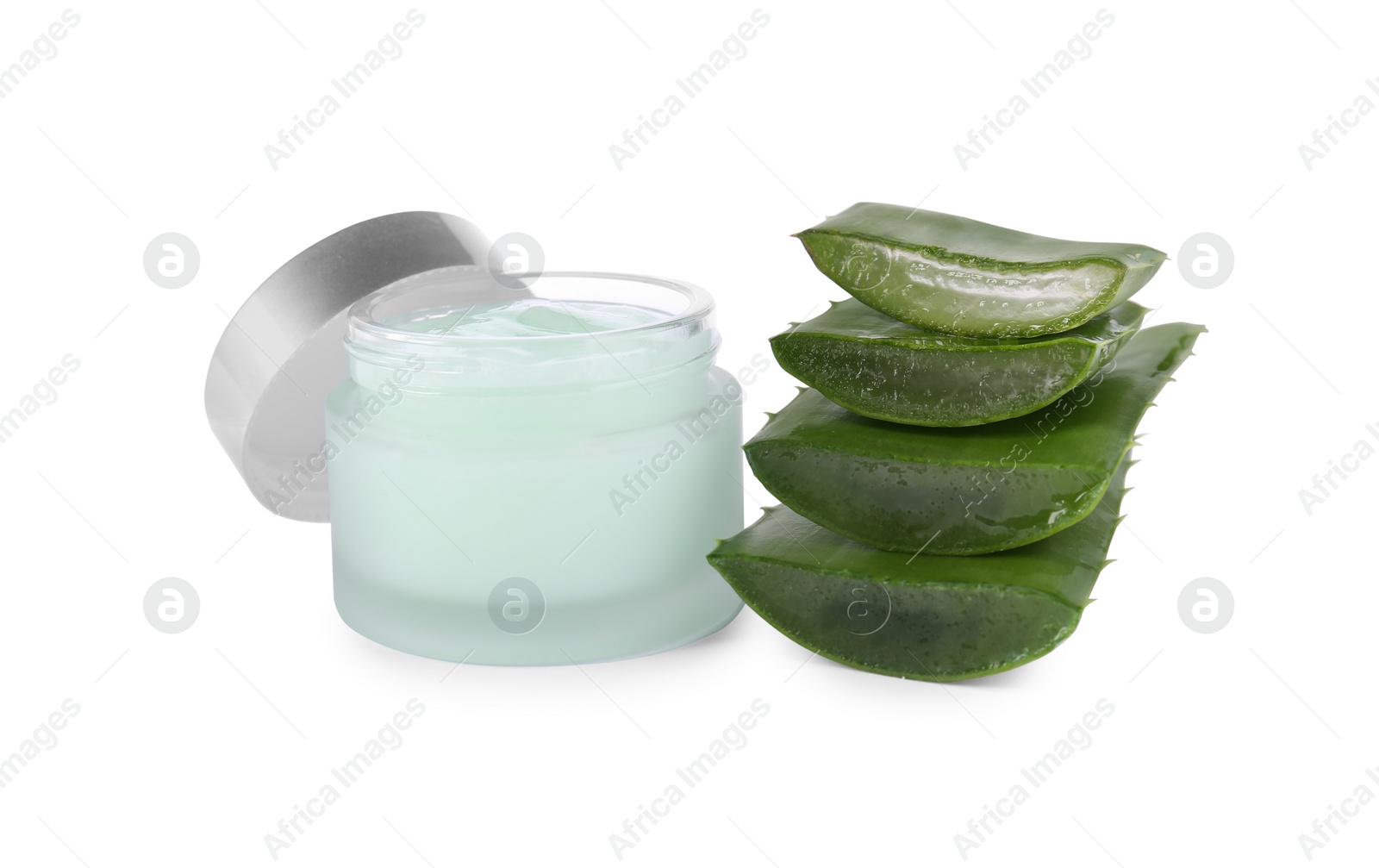 Photo of Jar of natural gel and cut aloe isolated on white