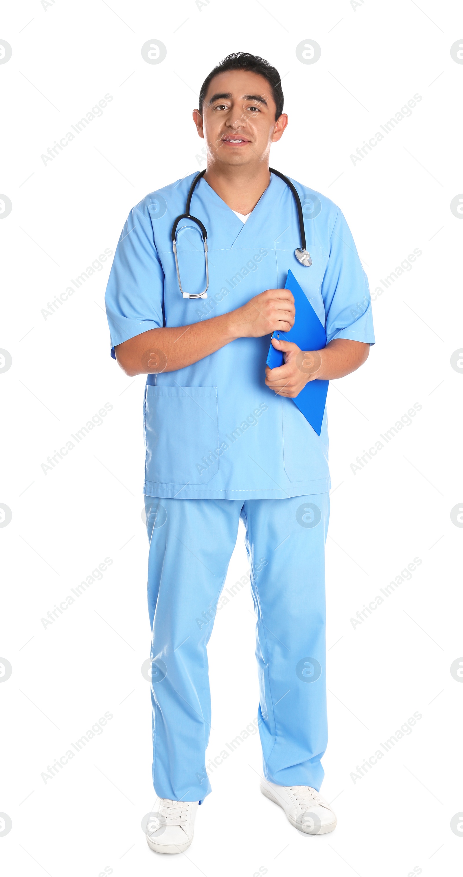 Photo of Full length portrait of male Hispanic doctor isolated on white. Medical staff