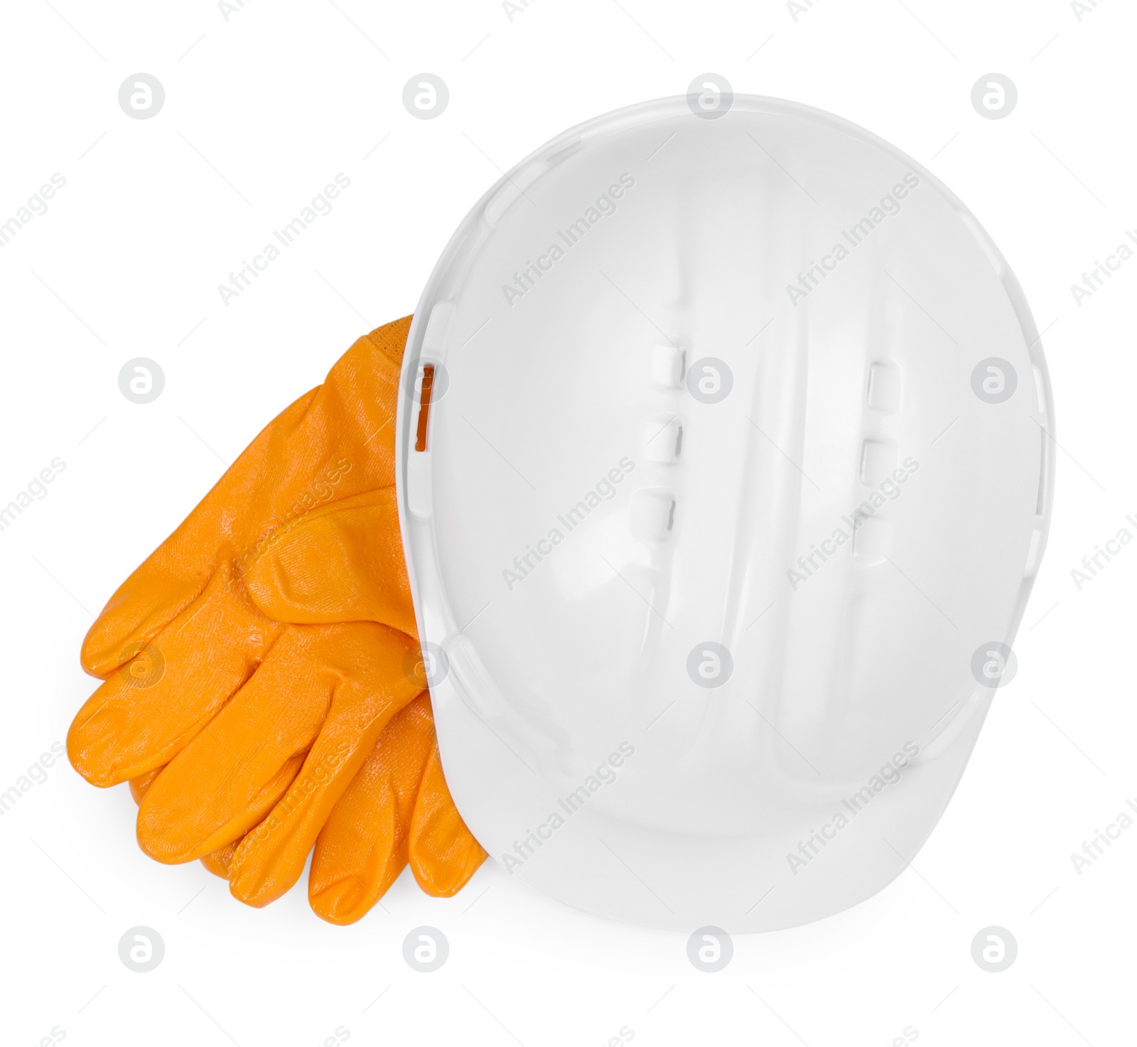 Photo of Hard hat and gloves isolated on white, top view. Safety equipment
