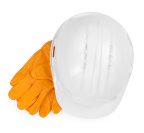 Hard hat and gloves isolated on white, top view. Safety equipment