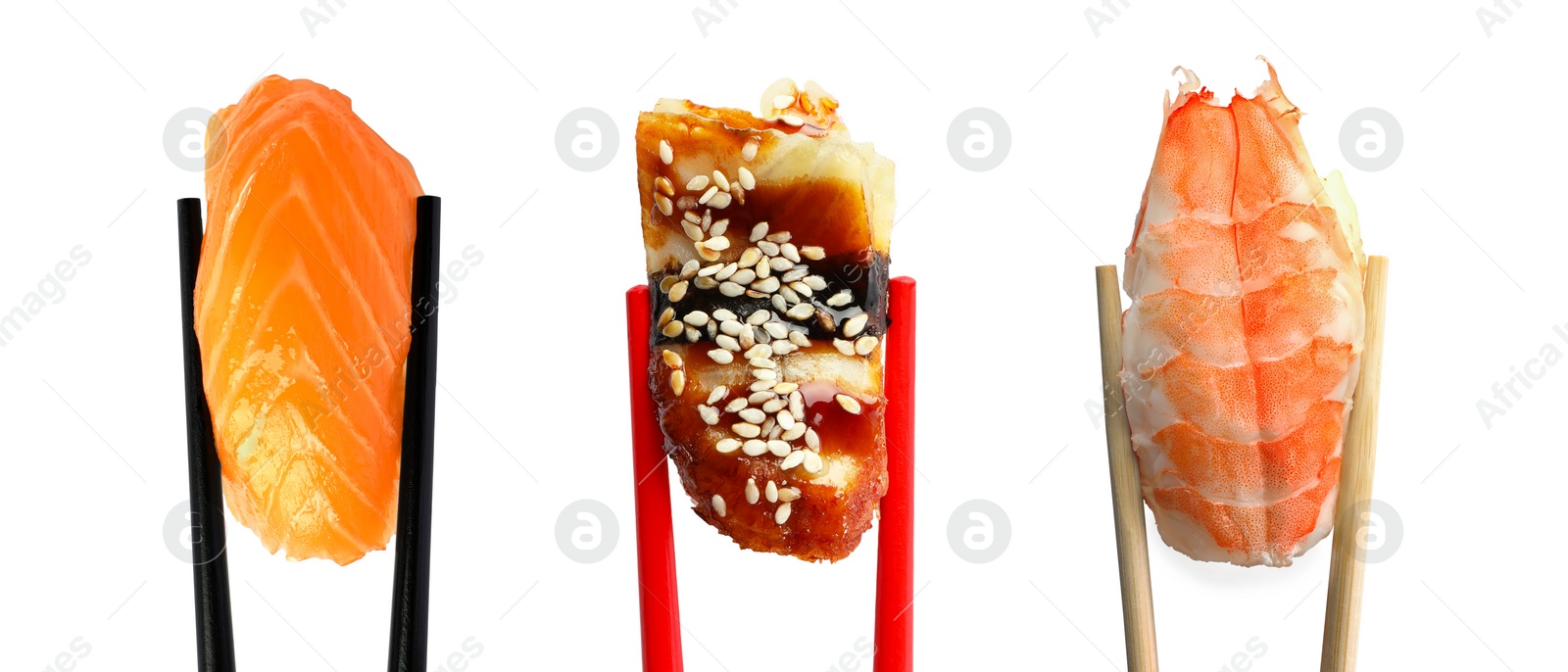 Image of Different sushi isolated on white. Chopsticks with asian food, set