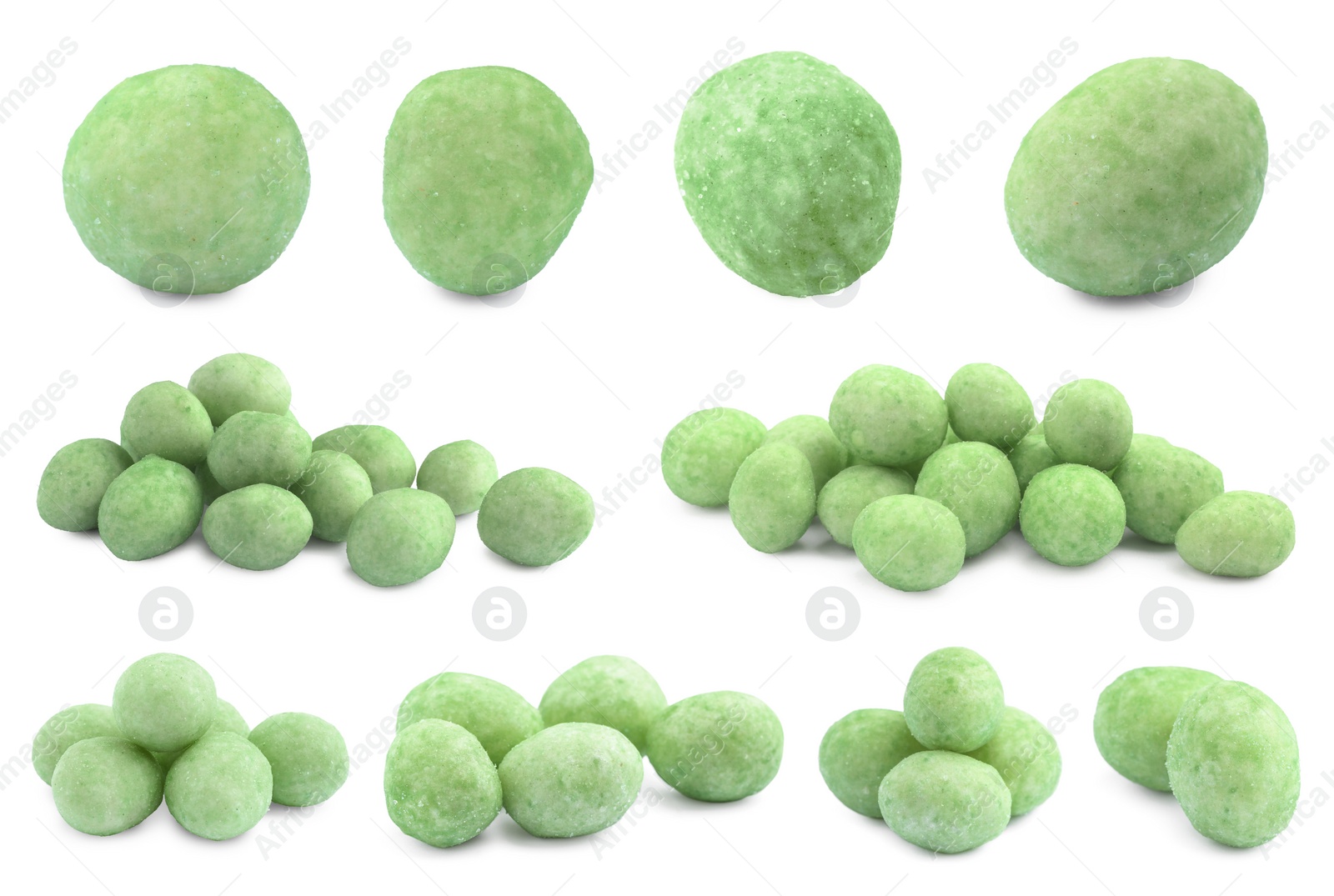 Image of Set with spicy wasabi coated peanuts on white background