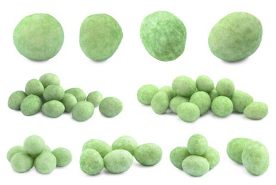 Image of Set with spicy wasabi coated peanuts on white background