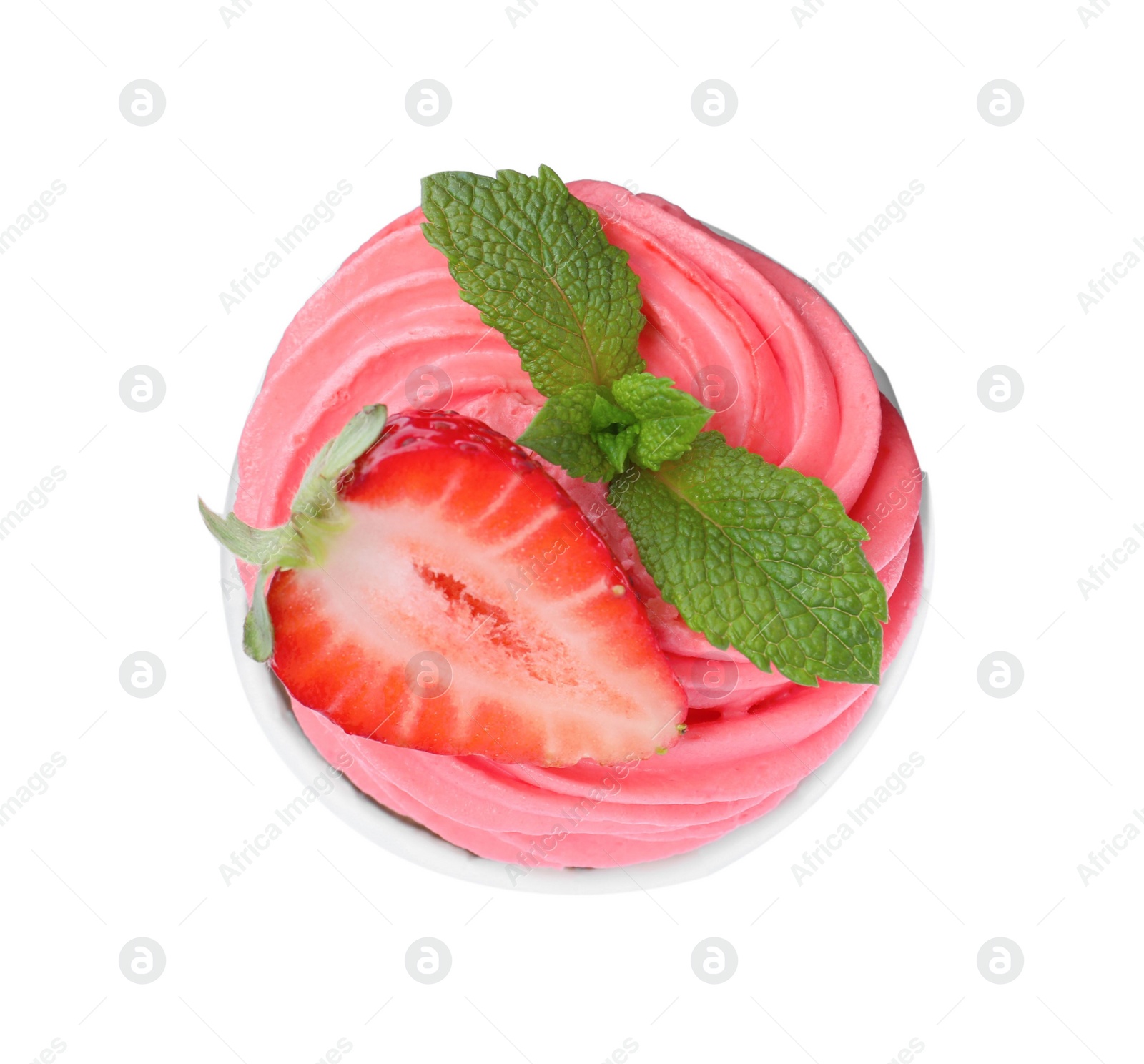 Photo of Sweet cupcake with fresh strawberry on white background, top view