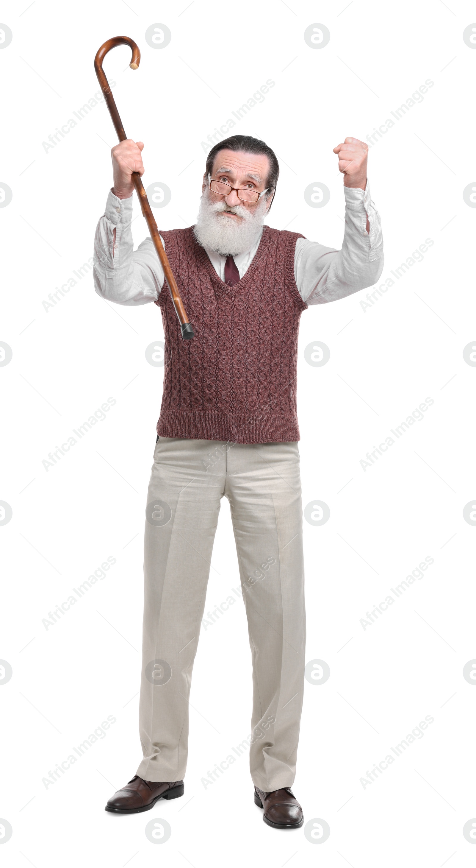 Photo of Senior man with walking cane on white background