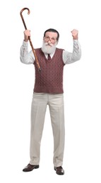 Photo of Senior man with walking cane on white background