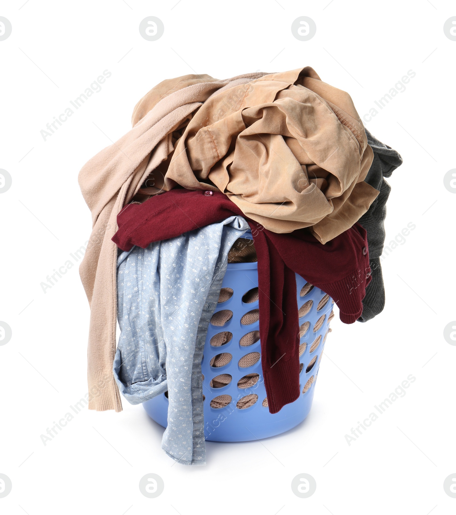 Photo of Plastic laundry basket full of clothes isolated on white