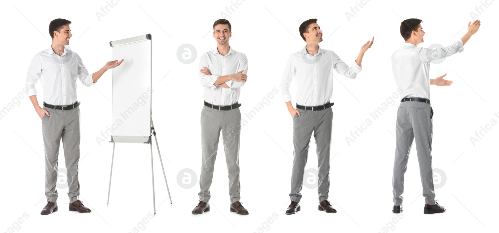 Image of Collage with photos of business trainer on white background, banner design 