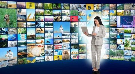 Image of Media library concept. Woman with laptop using virtual video gallery, banner design