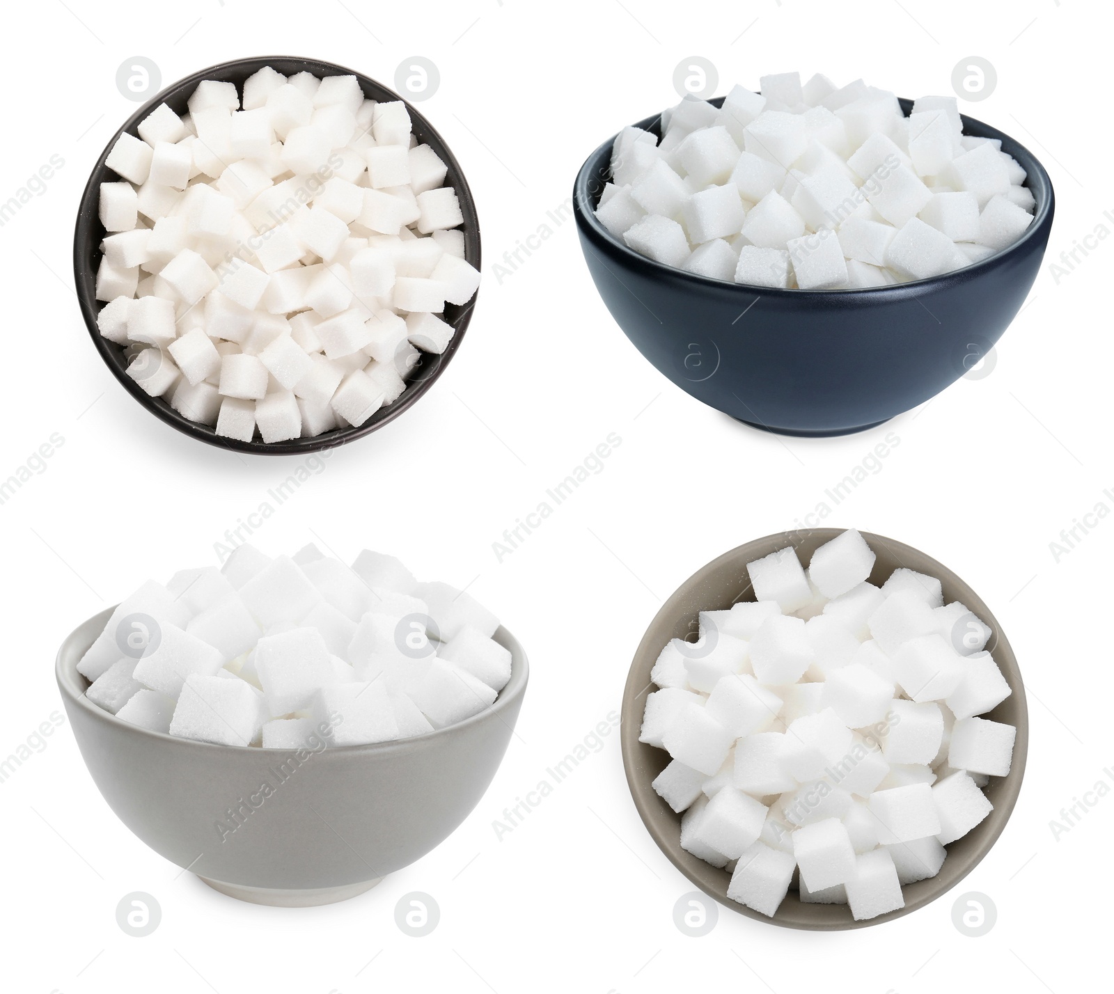 Image of Sugar cubes in bowls isolated on white, top and side views