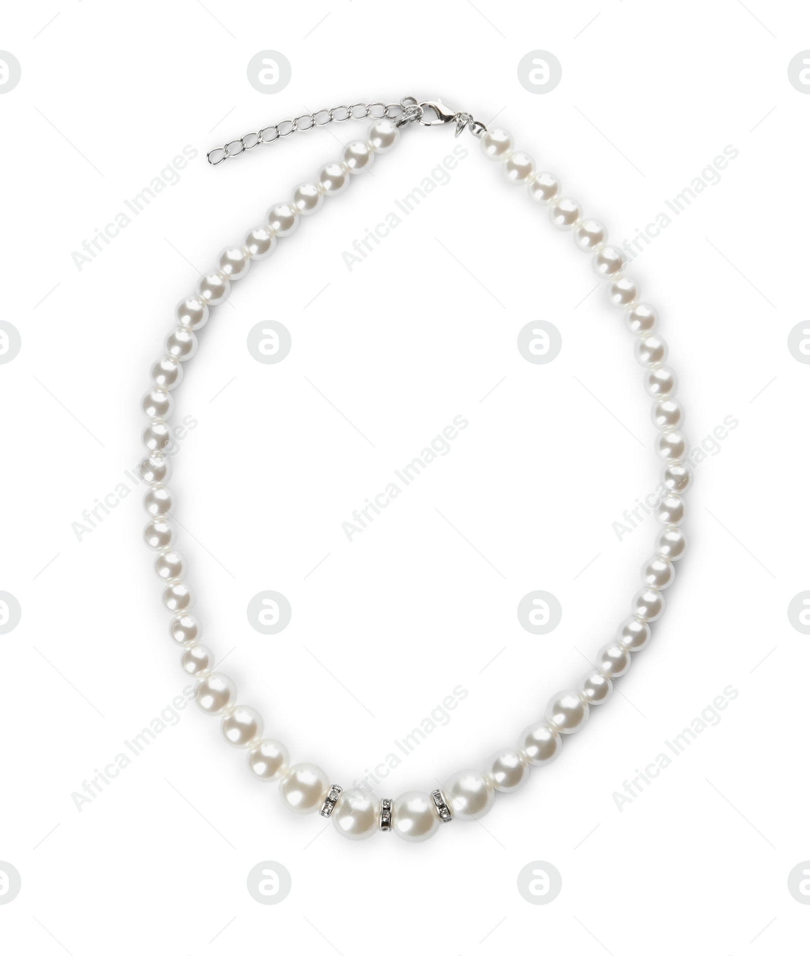 Photo of Elegant pearl necklace isolated on white, top view