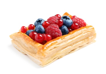 Photo of Fresh delicious puff pastry with sweet berries on white background