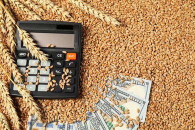 Photo of Dollar banknotes, calculator and wheat ears on grains, top view. Agricultural business