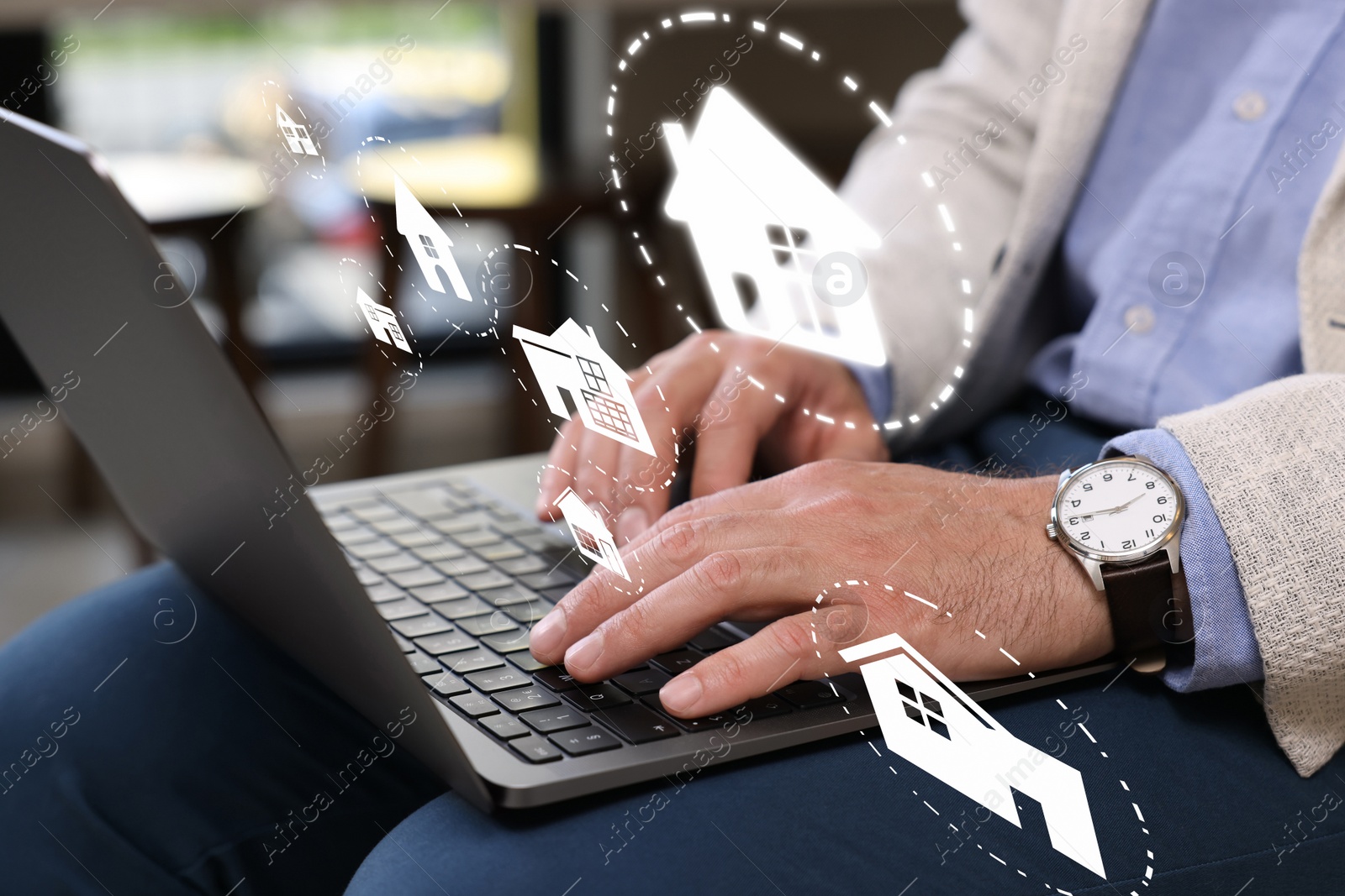 Image of House search. Man choosing home via laptop indoors, closeup. Illustrations of different buildings as real estate variations