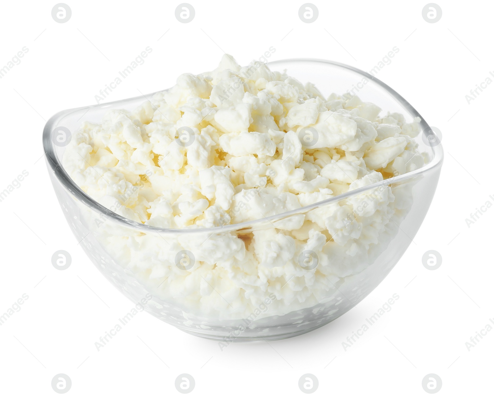Photo of Fresh lactose free cottage cheese in glass bowl isolated on white