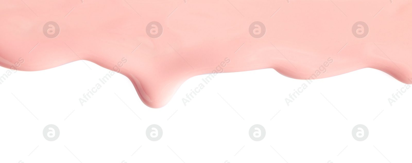 Photo of Light pink nail polish flowing on white background
