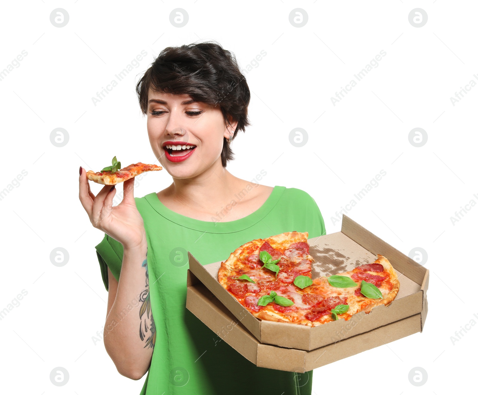 Photo of Attractive young woman with delicious pizza on white background