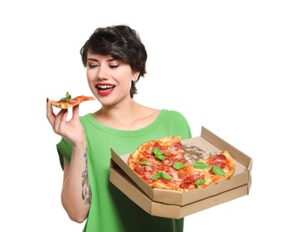 Photo of Attractive young woman with delicious pizza on white background