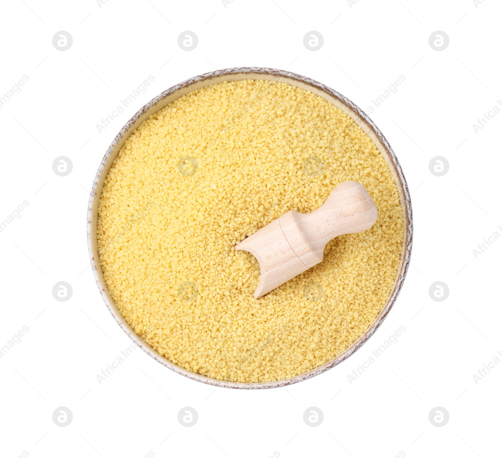 Photo of Bowl and scoop with raw couscous isolated on white, top view