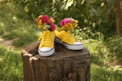 Photo of Shoes with beautiful flowers on tree stump outdoors