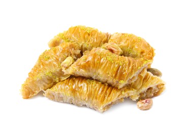 Photo of Delicious baklava with pistachio nuts on white background