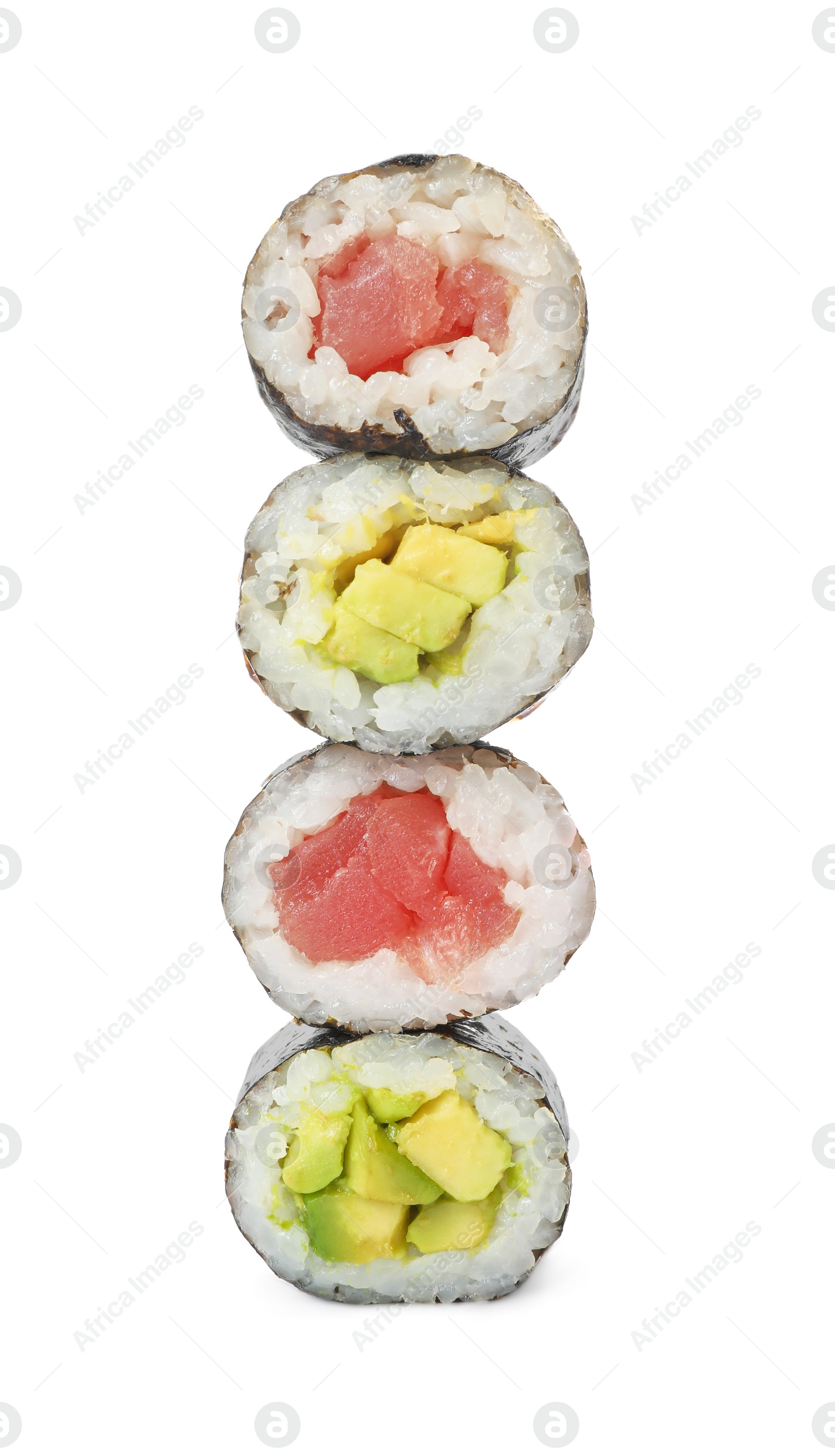 Photo of Different delicious sushi rolls on white background