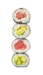 Different delicious sushi rolls on white background