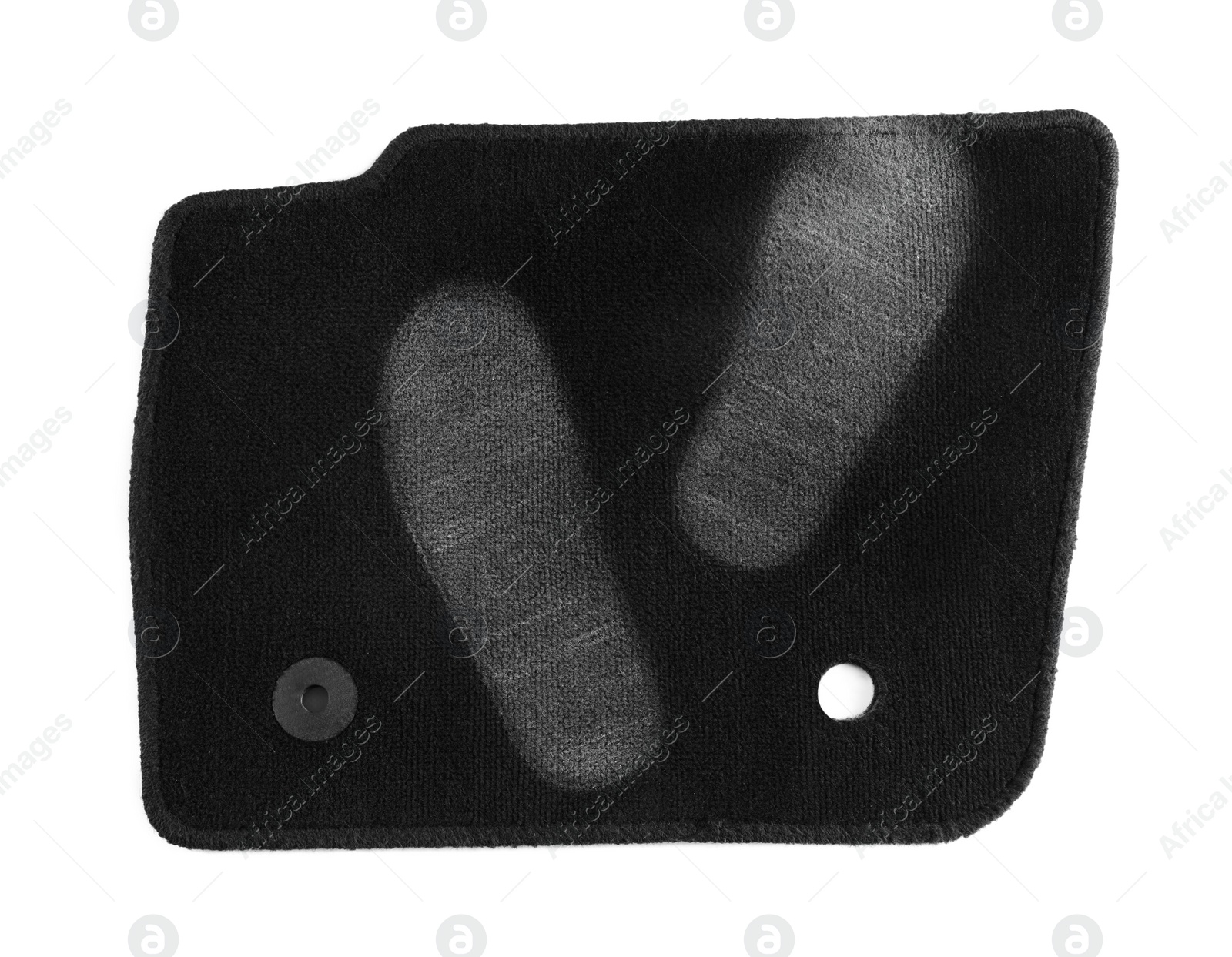 Photo of Black car floor carpet with footprints isolated on white, top view