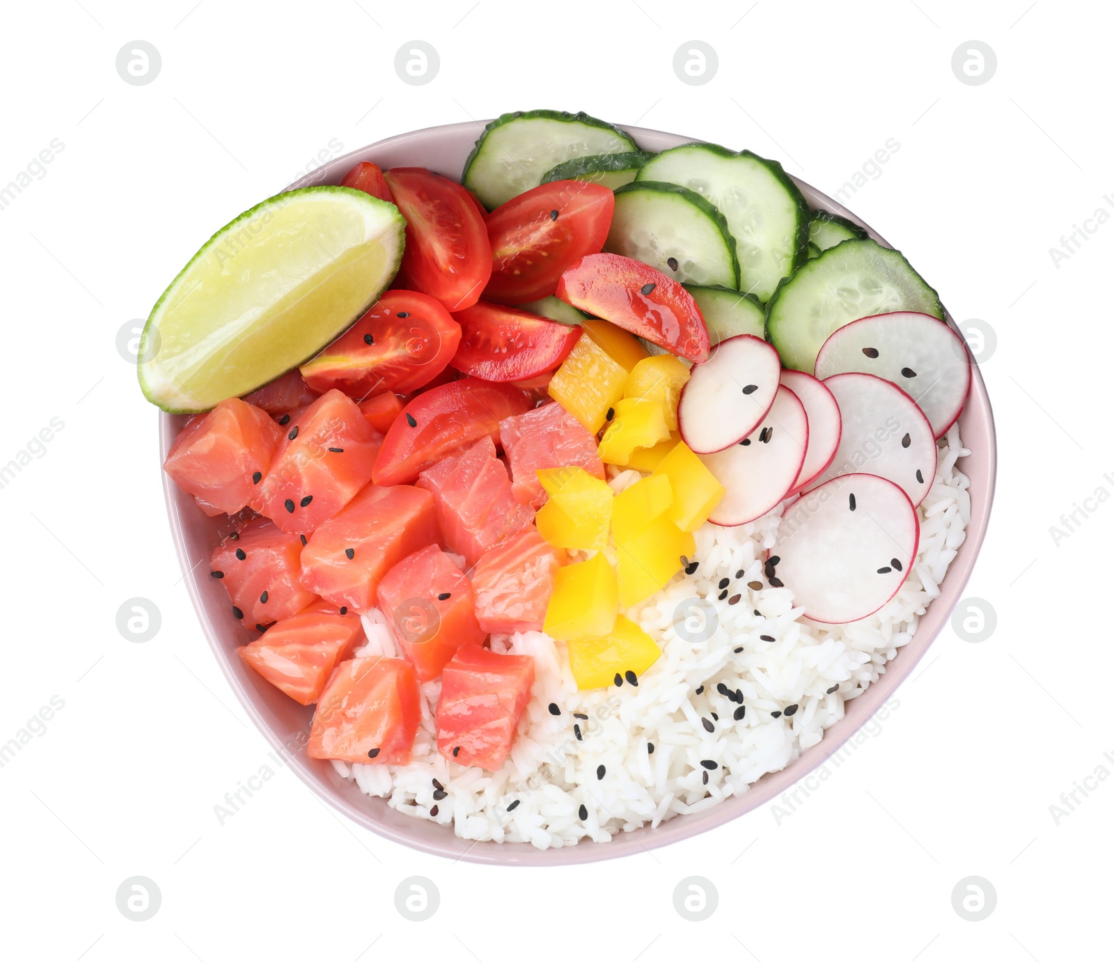 Photo of Delicious poke bowl with salmon, rice and vegetables isolated on white, top view