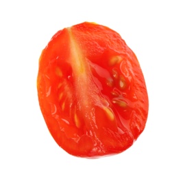 Photo of Slice of ripe tomato on white background