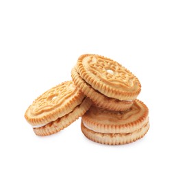 Photo of Three tasty sandwich cookies isolated on white