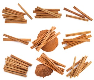 Image of Set with aromatic cinnamon sticks and powder on white background, top view