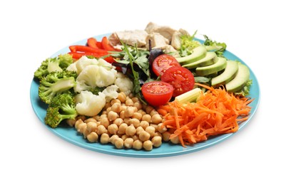 Photo of Balanced diet and healthy foods. Plate with different delicious products isolated on white
