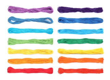 Image of Set with multicolor embroidery threads on white background