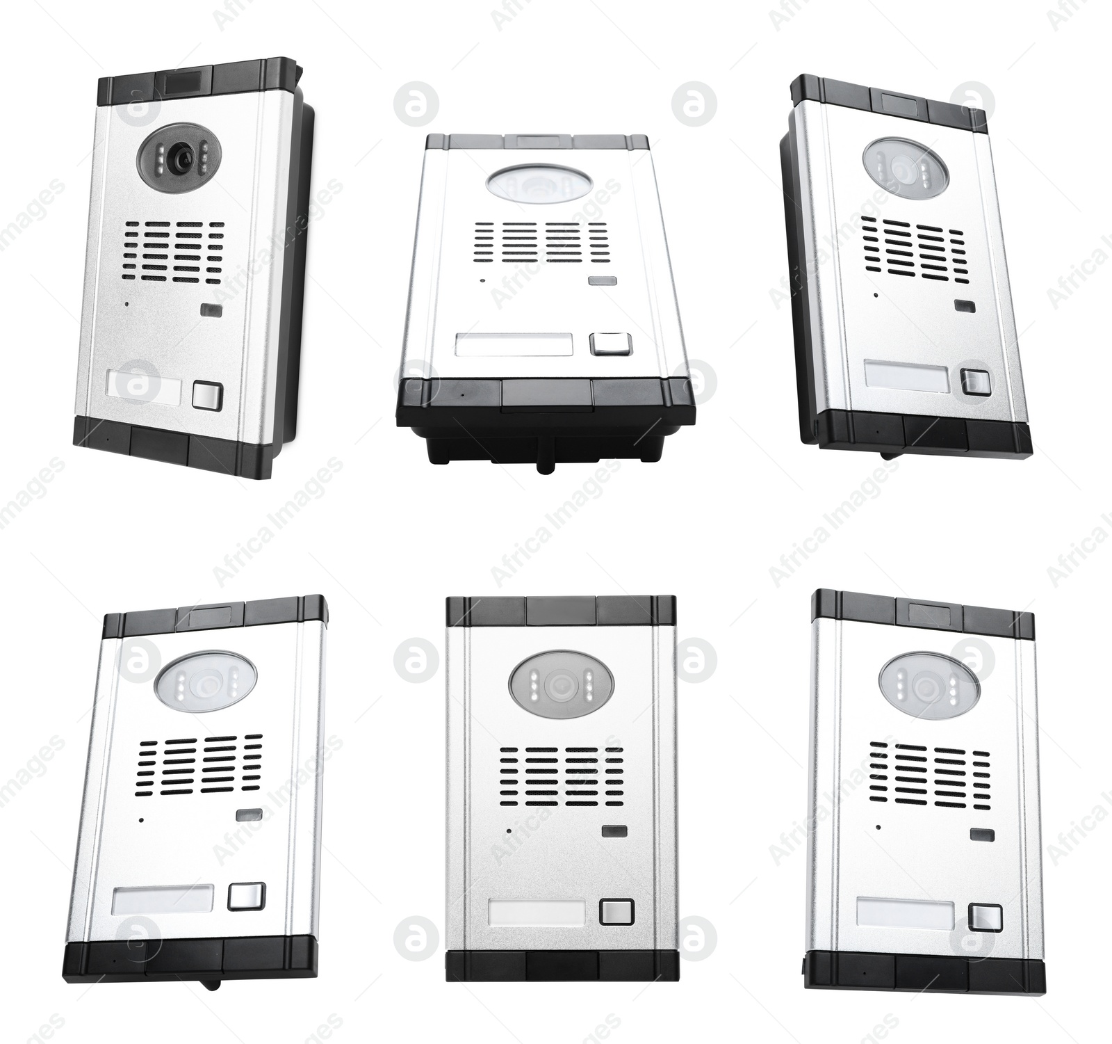 Image of Set with modern intercom door stations on white background