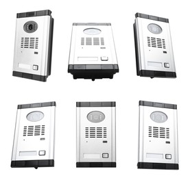 Image of Set with modern intercom door stations on white background