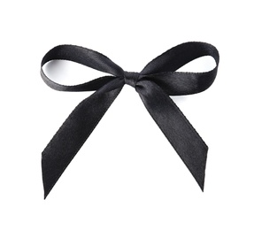 Photo of Black bow on white background, top view. Funeral symbol