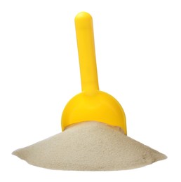 Photo of Pile of sand and yellow plastic toy shovel on white background